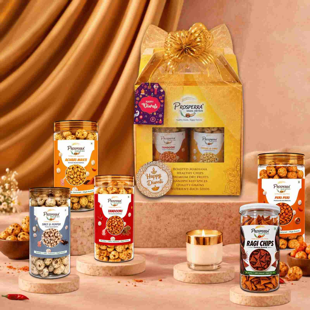 Prosperra Roasted Makhana Diwali Gift Hamper | Flavoured Fox Nuts & Ragi Chips