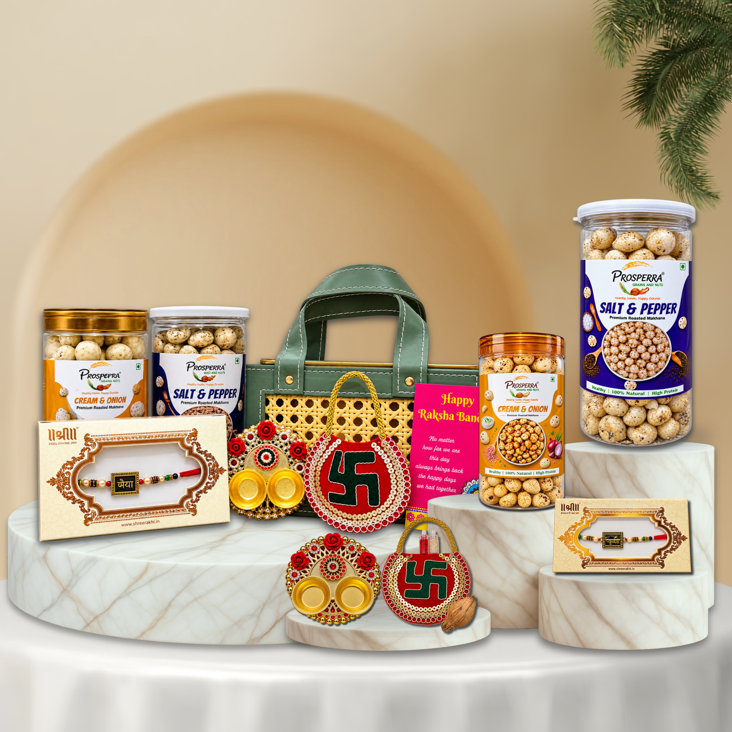 Prosperra Rakhi Hamper for Brother – Cream & Onion and Salt & Pepper Roasted Makhana with Premium Rakhi | Raksha Bandhan Gift