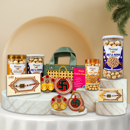 Prosperra Rakhi Hamper for Brother – Cream & Onion and Salt & Pepper Roasted Makhana with Premium Rakhi | Raksha Bandhan Gift