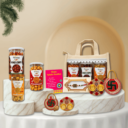 Prosperra Rakhi Hamper for Brother – Tandoori Makhana, Ragi Chips & Achari Chana with Premium Rakhi | Raksha Bandhan Gift
