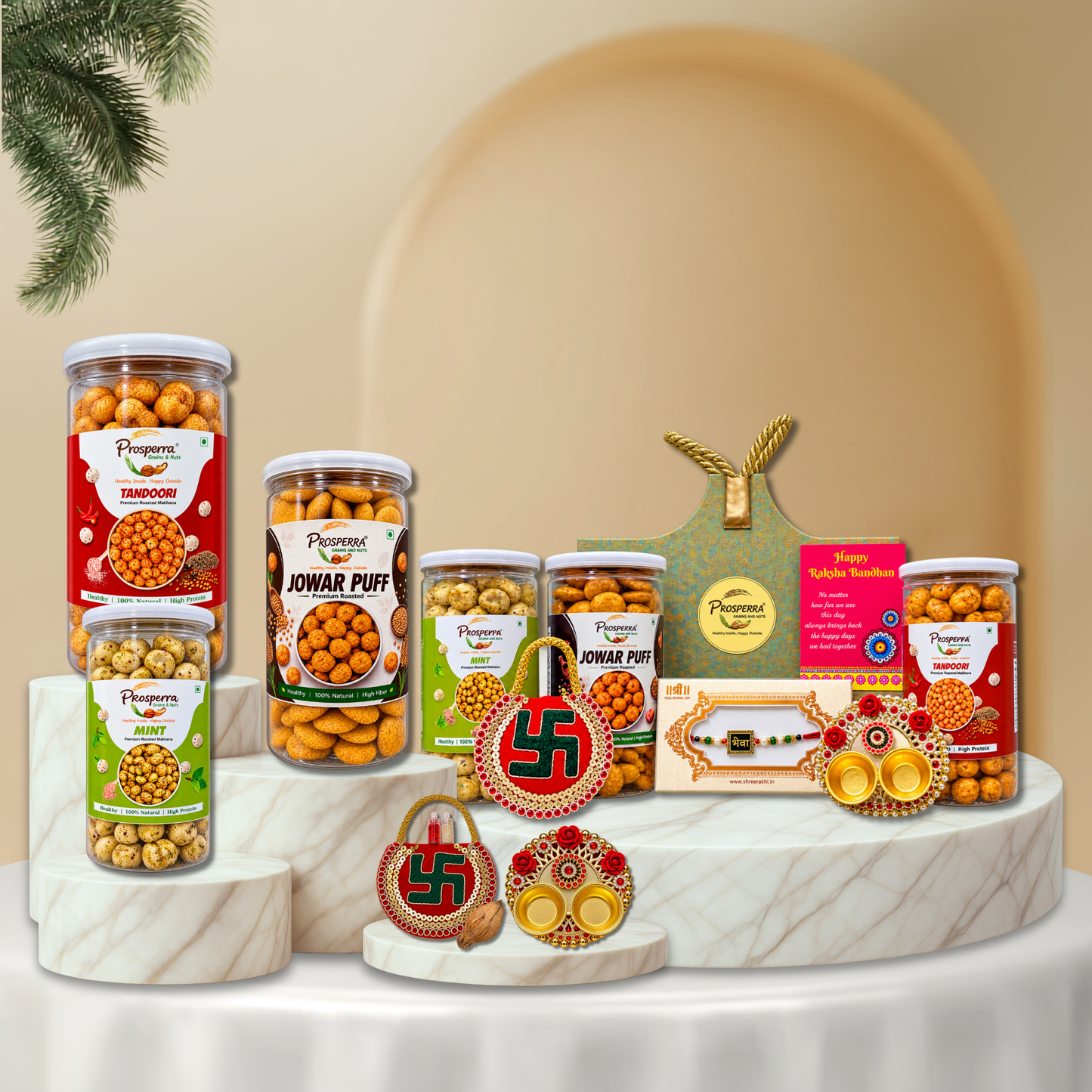 Prosperra Premium Rakhi Hamper for Brother – Mint Makhana, Jowar Puff & Tandoori Makhana with Rakhi | Raksha Bandhan Gift