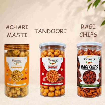 Prosperra Rakhi Hamper for Brother – Tandoori Makhana, Ragi Chips & Achari Chana with Premium Rakhi | Raksha Bandhan Gift