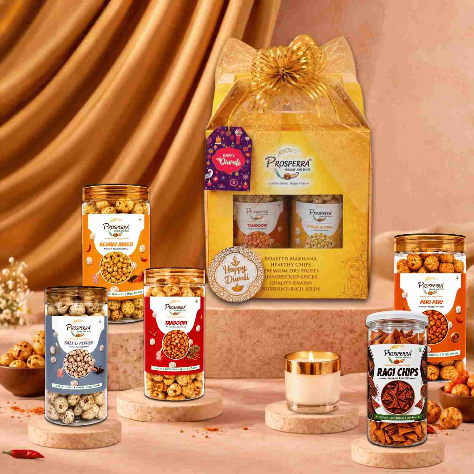 Prosperra Roasted Makhana Diwali Gift Hamper | Flavoured Fox Nuts & Ragi Chips