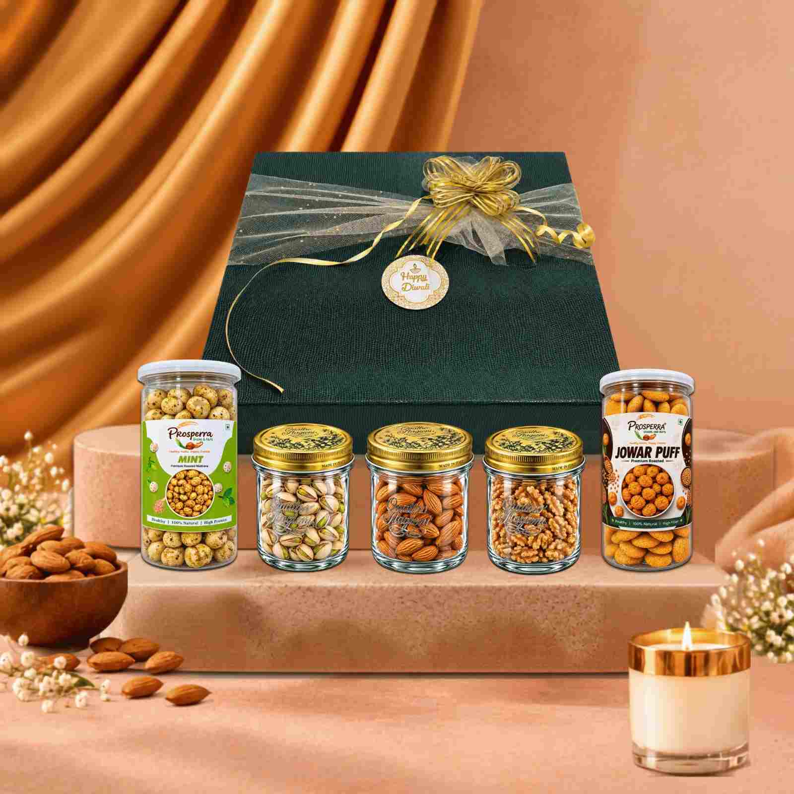 Diwali Gift Hamper – Makhana, Pistachios, Almonds, Walnuts & Jowar Puffs