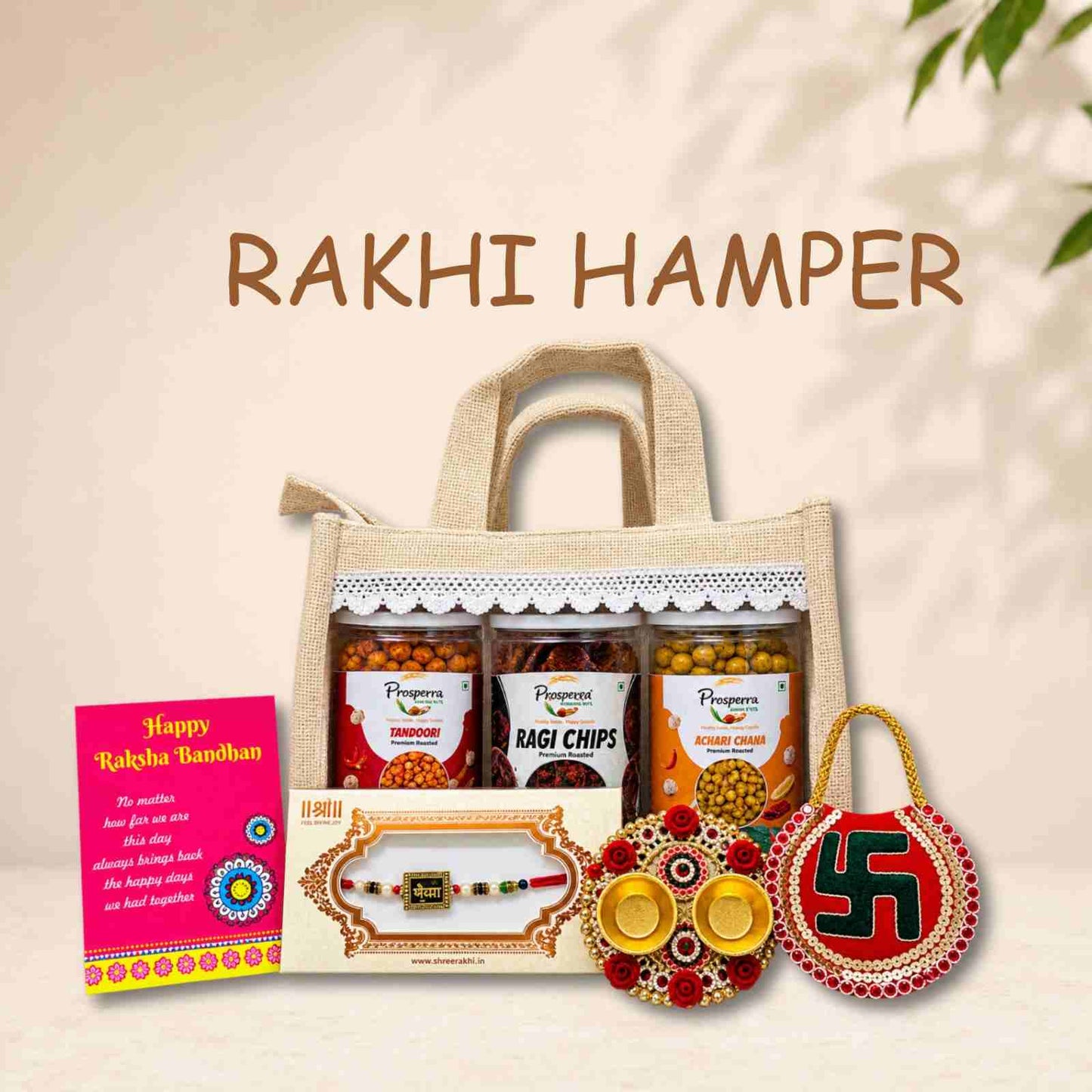 Prosperra Rakhi Hamper for Brother – Tandoori Makhana, Ragi Chips & Achari Chana with Premium Rakhi | Raksha Bandhan Gift