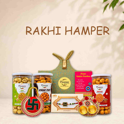 Prosperra Premium Rakhi Hamper for Brother – Mint Makhana, Jowar Puff & Tandoori Makhana with Rakhi | Raksha Bandhan Gift