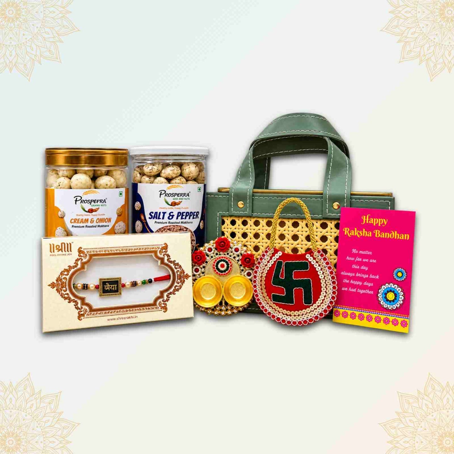 Prosperra Rakhi Hamper for Brother – Cream & Onion and Salt & Pepper Roasted Makhana with Premium Rakhi | Raksha Bandhan Gift
