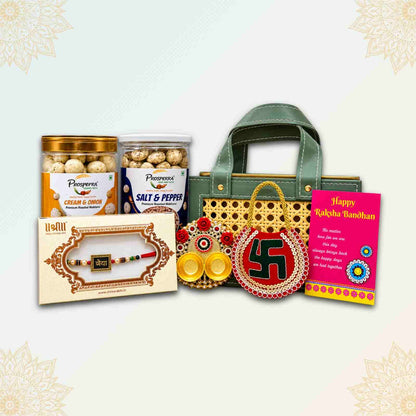 Prosperra Rakhi Hamper for Brother – Cream & Onion and Salt & Pepper Roasted Makhana with Premium Rakhi | Raksha Bandhan Gift