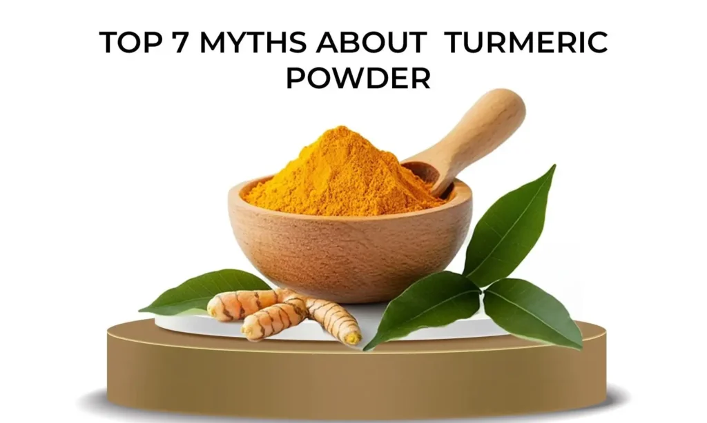 Turmeric Powder And Fresh Turmeric roots with spoon showing natural golden spice used in health remedies
